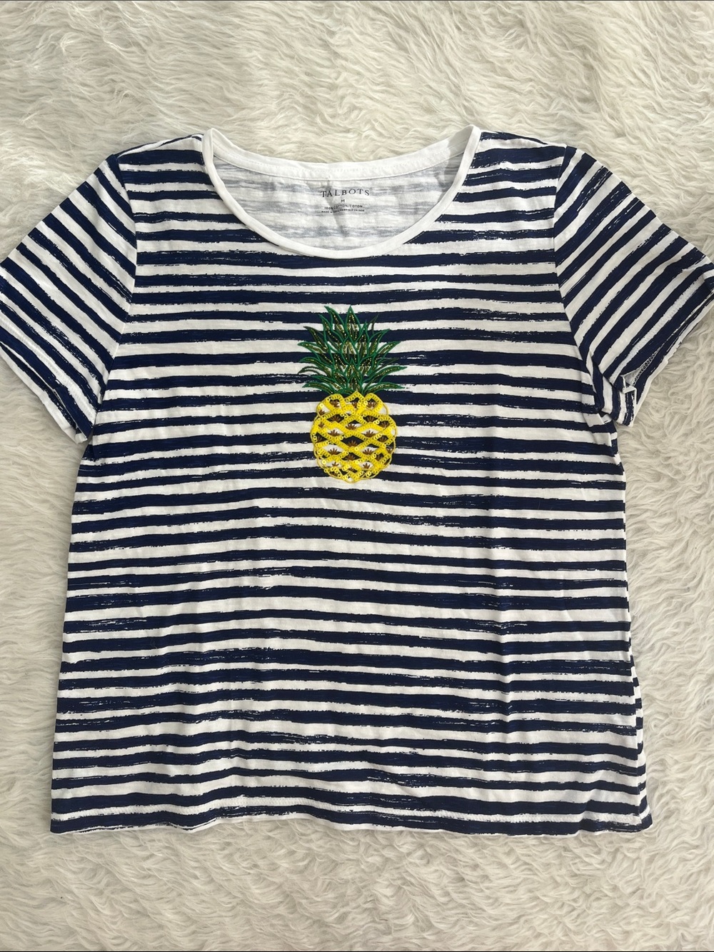 Talbots Navy and White Striped Tee with Pineapple